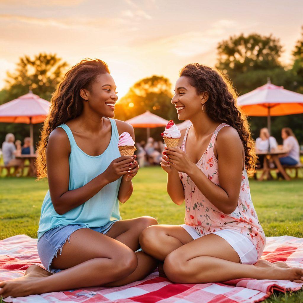 A warm, inviting scene of two women joyfully sharing an ice cream cone under a vibrant sunset, surrounded by a lively community park setting filled with laughing friends and colorful picnic blankets. Include subtle elements of love and connection, like interlocking hands and soft smiles. The atmosphere should be celebratory and full of life, capturing the essence of sweet lesbian relationships. super-realistic. vibrant colors. soft focus.