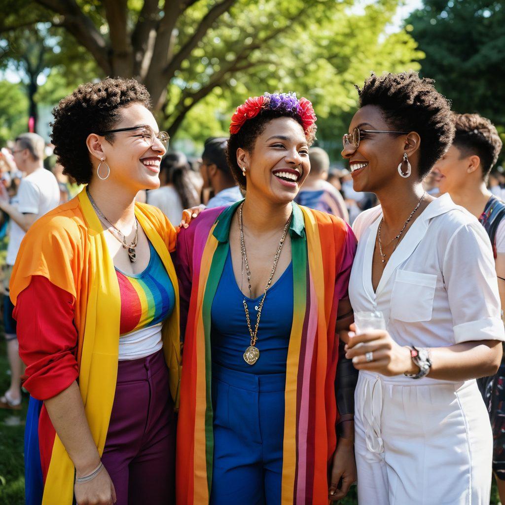 A vibrant gathering of diverse queer women from various cultures, sharing laughter and stories in a lush, sunlit park. Each woman expresses her unique style through colorful clothing and accessories, surrounded by symbols of love and pride such as rainbow flags and flowers. The atmosphere is joyful and empowering, capturing the essence of connection and celebration. Include soft, warm lighting to evoke a sense of comfort and community. super-realistic. vibrant colors.