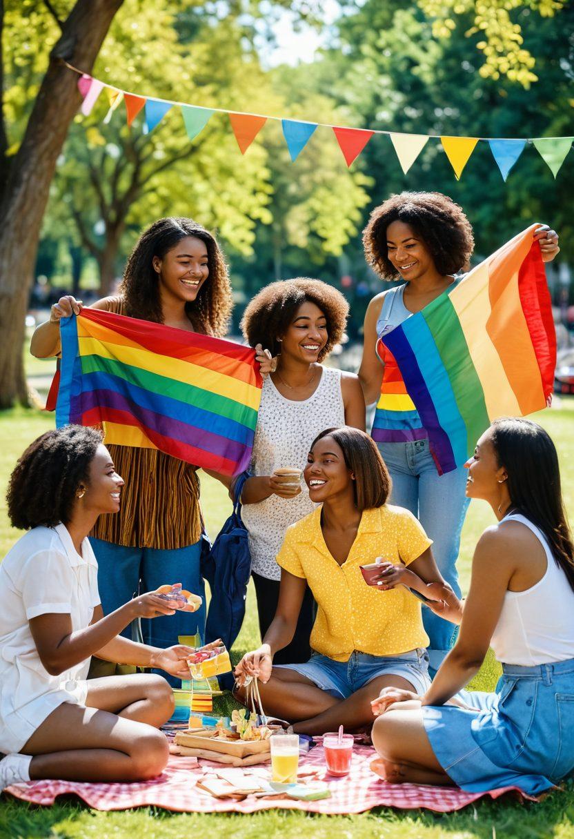 A vibrant scene depicting a diverse group of women enjoying a picnic in a sunny park, exchanging stories and laughter. Include a mix of LGBTQ+ symbols subtly integrated into the background, such as rainbow flags and heart-shaped elements. Showcase a range of activities like board games and reading, emphasizing connection and community. The atmosphere should radiate warmth, inclusivity, and joy. colorful illustration. vibrant colors. soft focus.